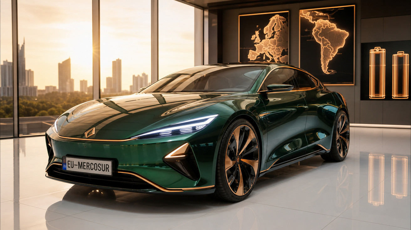 Carro elétrico esportivo verde exibido em showroom moderno com janelas amplas e mapa luminoso na parede.