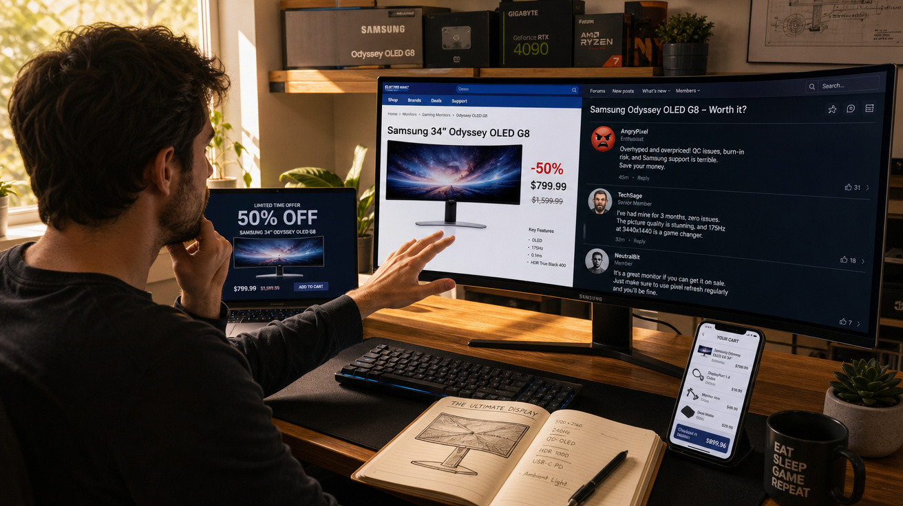 Homem sentado à mesa pesquisa desconto de 50% em monitor Samsung Odyssey OLED G8 no computador e celular.