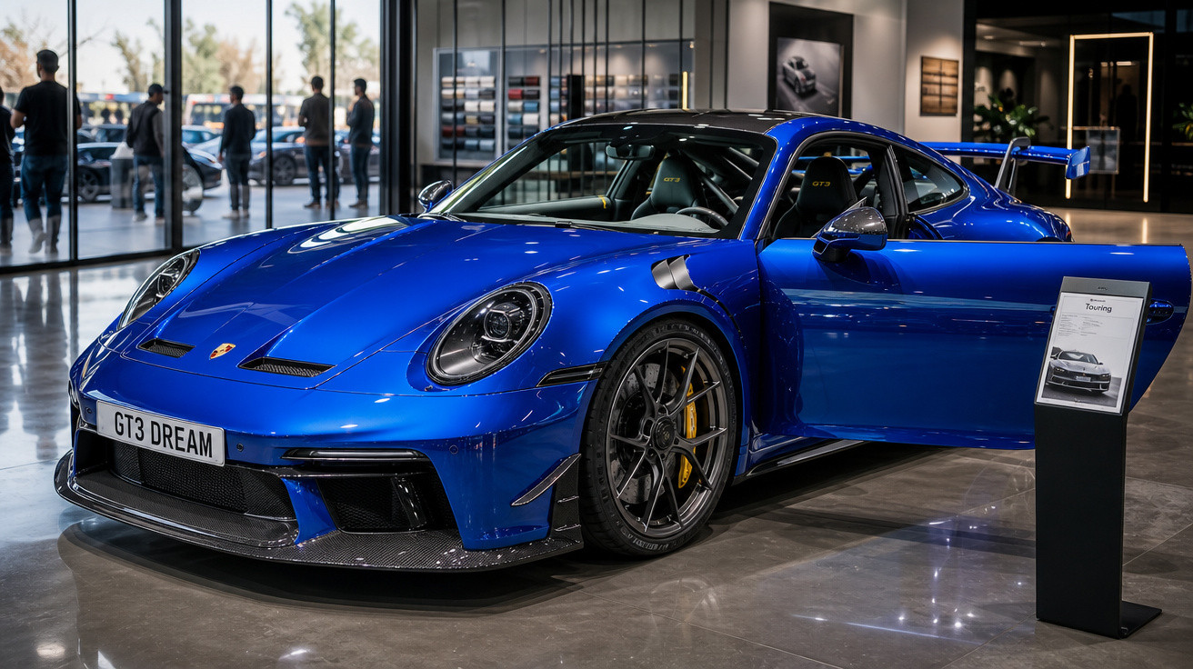 Carro esportivo azul Porsche GT3 com porta aberta em exposição interna, com pessoas ao fundo.