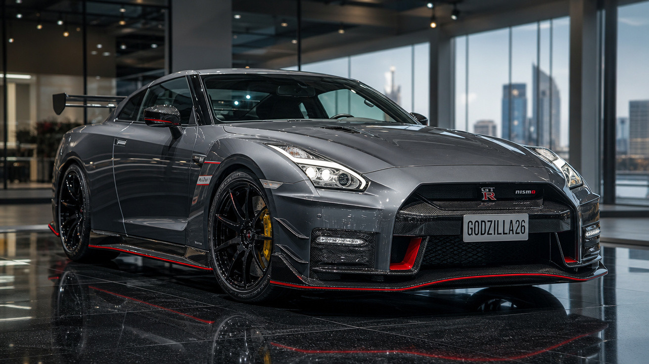 Carro esportivo Nissan GT-R Nismo cinza com detalhes vermelhos em showroom moderno com piso refletivo.