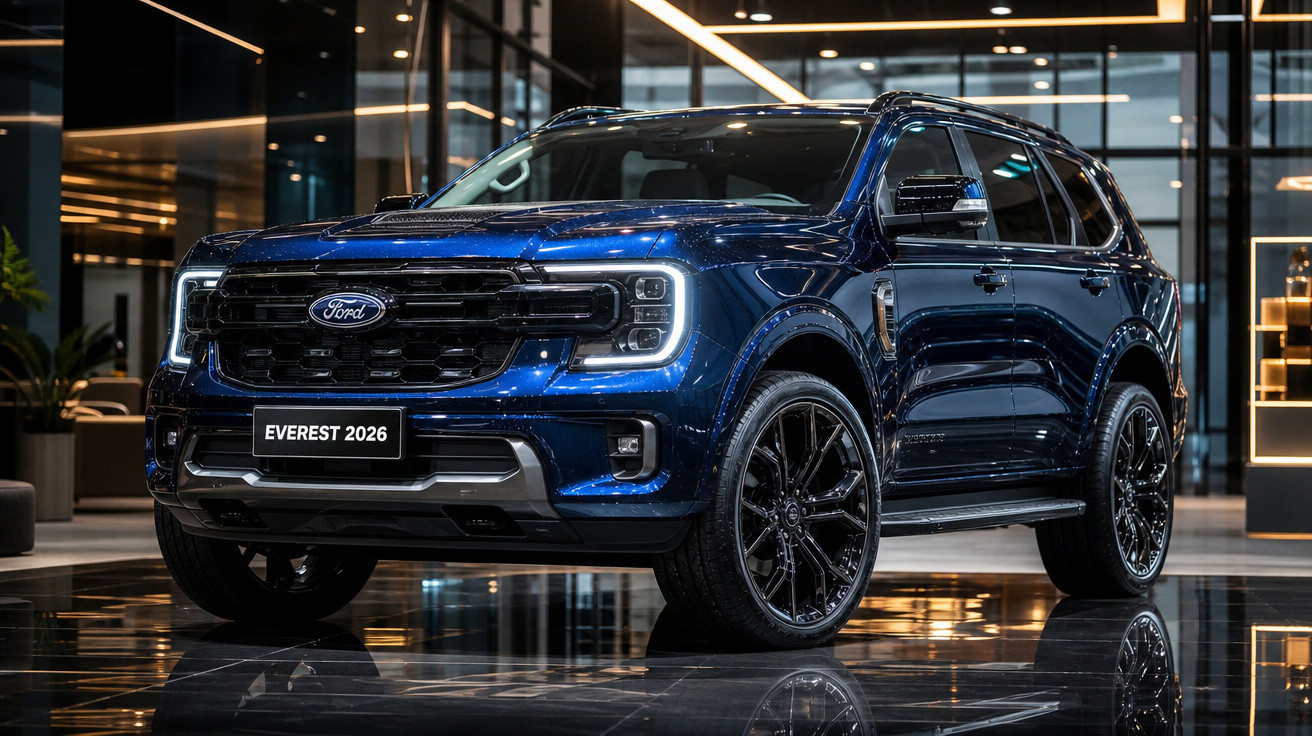 SUV Ford Everest 2026 azul em exposição interna com detalhes modernos e rodas pretas.