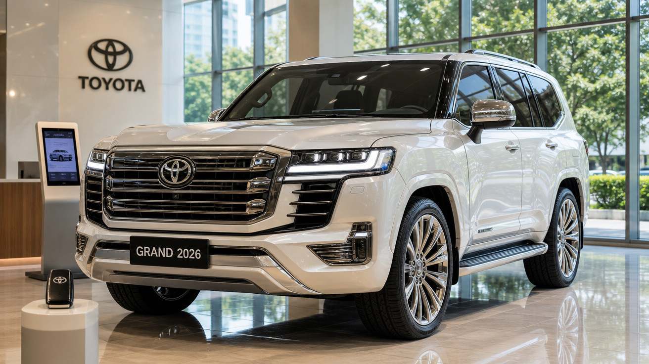 Carro SUV branco Toyota Grand 2026 exposto em showroom moderno com grandes janelas e piso brilhante.