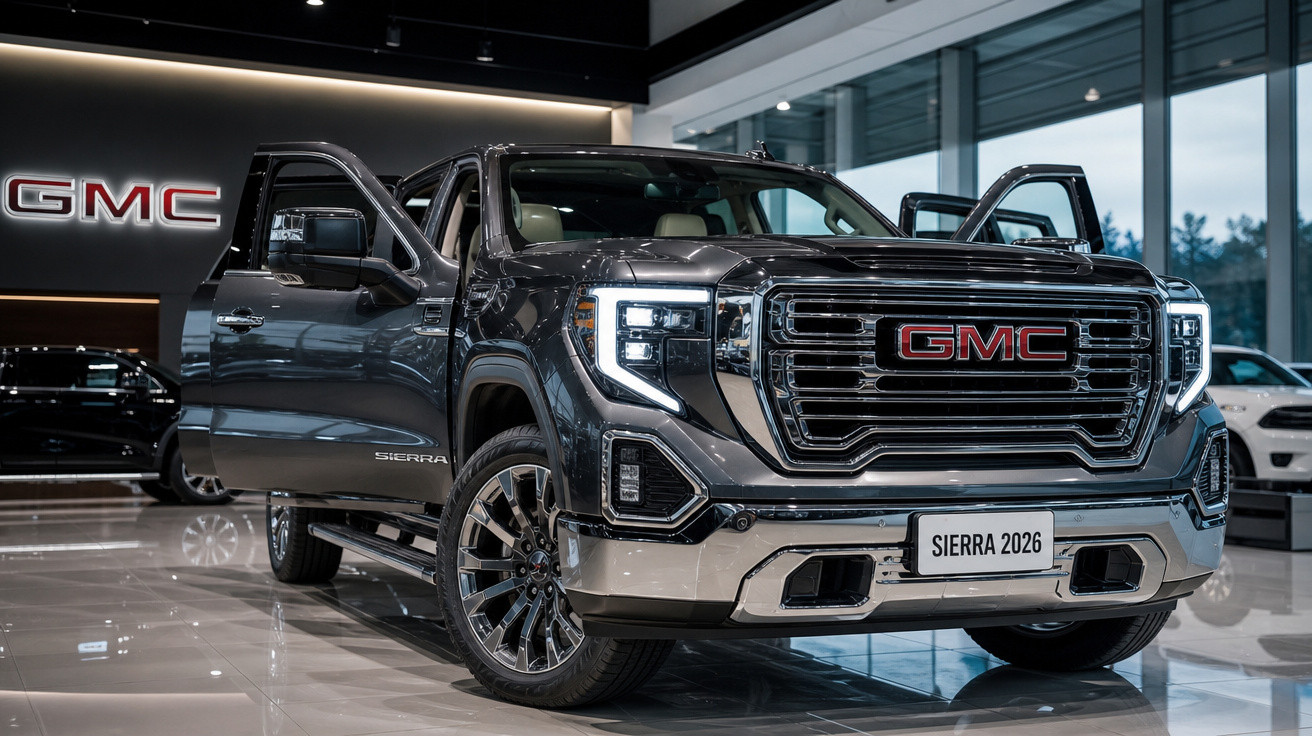 Picape GMC Sierra 2026 cinza metálico exibida em showroom com portas dianteiras abertas.