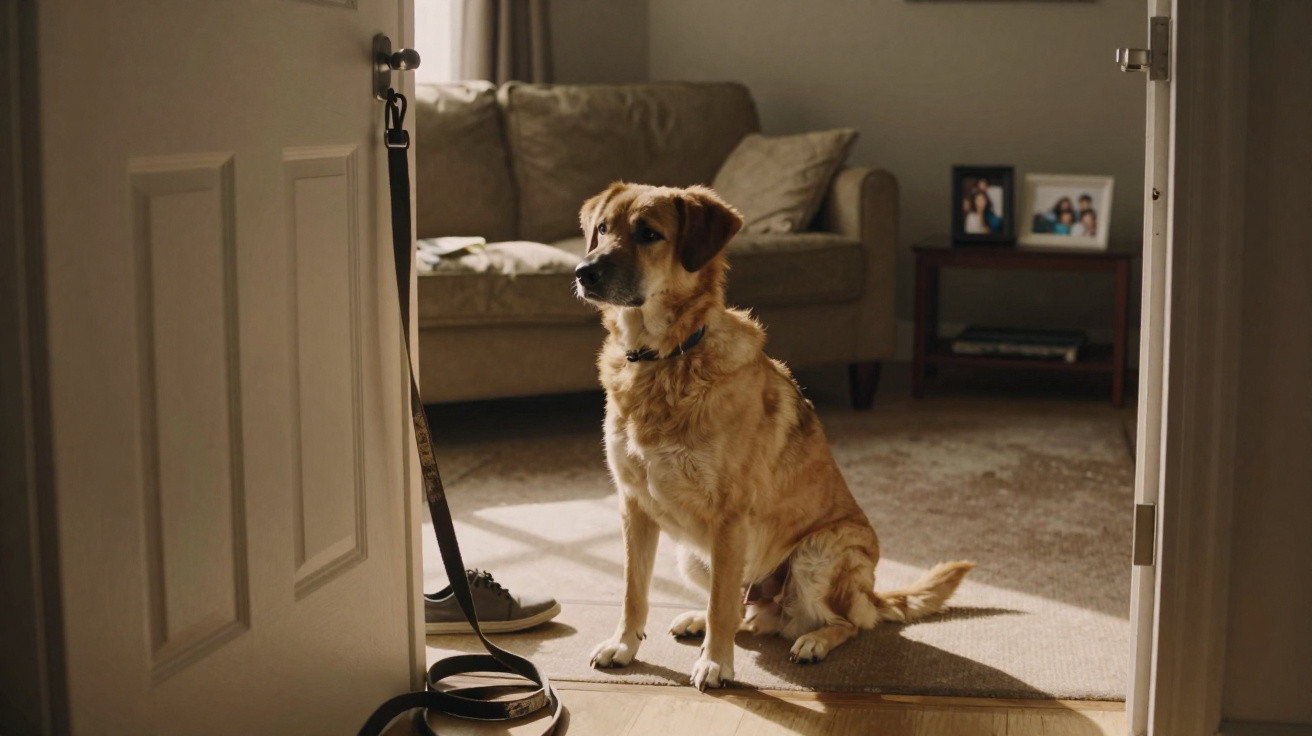 Cachorro marrom sentado em ambiente interno, próximo à porta aberta com sofá e mesa ao fundo.