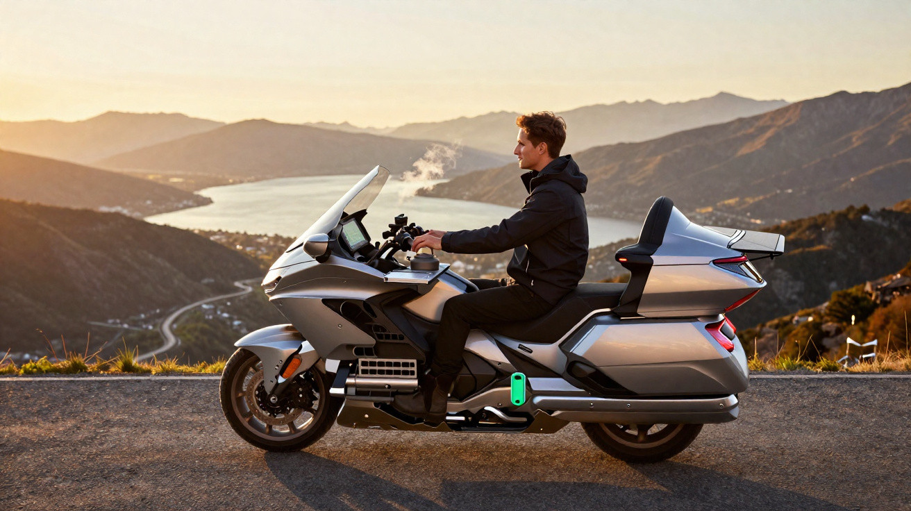 Homem pilotando motocicleta prata em estrada com vista para montanhas e lago ao pôr do sol.