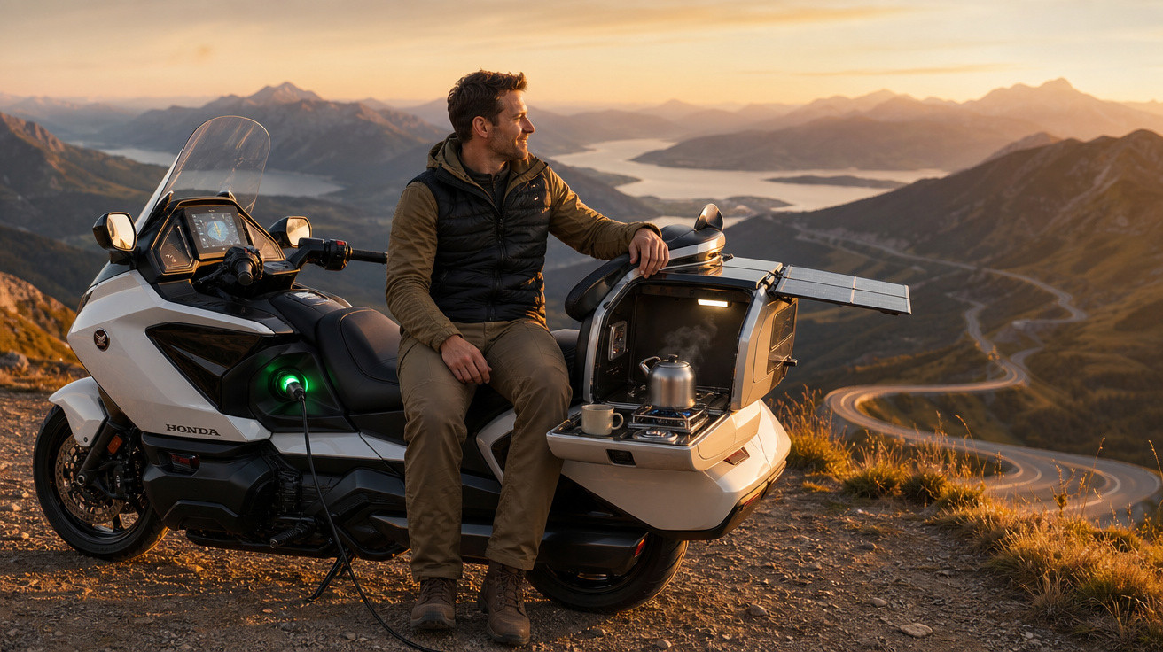 Homem sentado em motocicleta elétrica carregando com paisagem montanhosa ao fundo ao pôr do sol.
