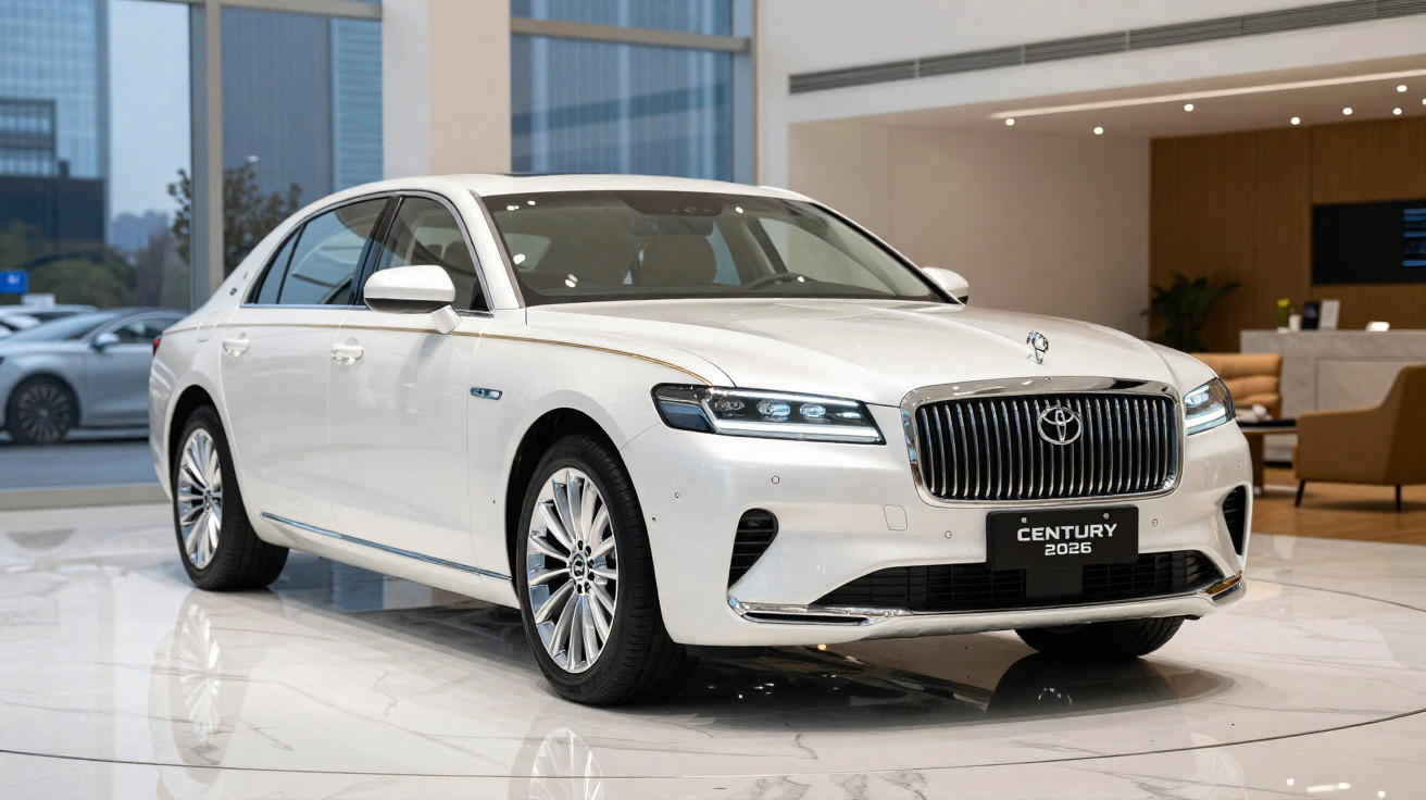 Carro branco Toyota Century 2026 exibido em sala de showroom moderna com piso branco e móveis contemporâneos.