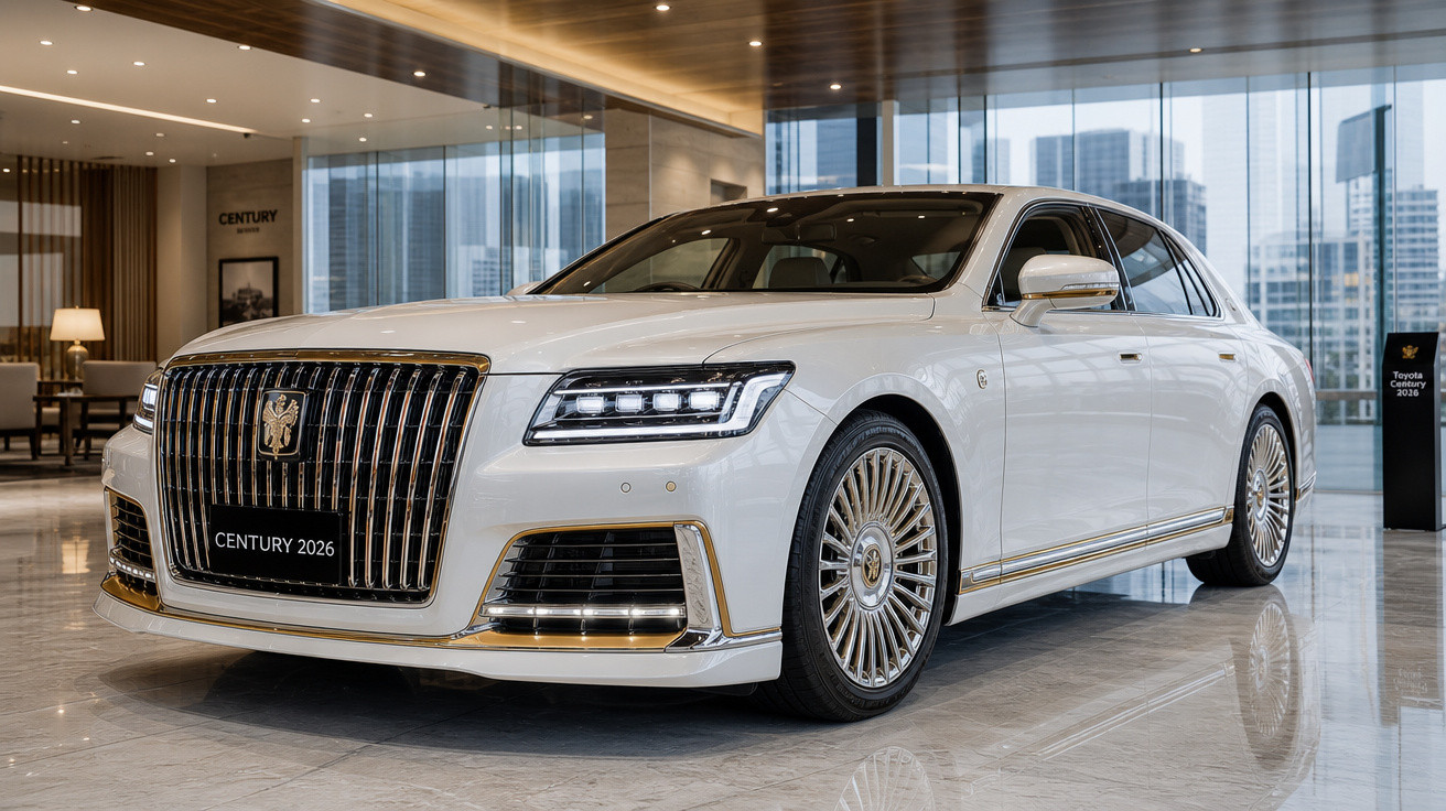 Carro sedan de luxo branco Toyota Century 2026 em showroom com estrutura de vidro ao fundo.