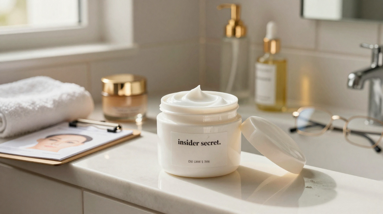 Pote aberto de creme branco Insider Secret sobre bancada de banheiro com toalha, óculos e cosméticos ao fundo.
