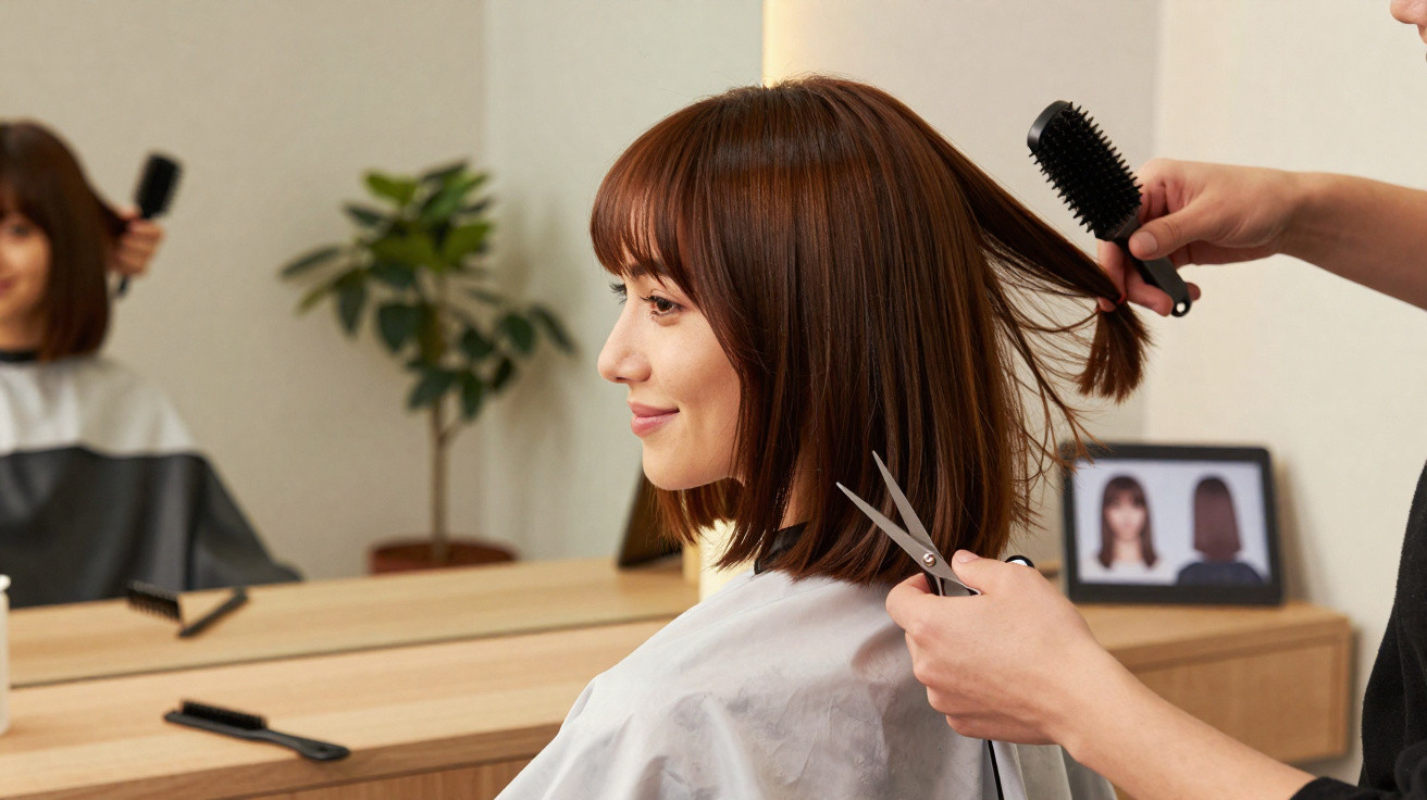 Mulher sorrindo enquanto profissional corta seu cabelo castanho em salão de beleza moderno.