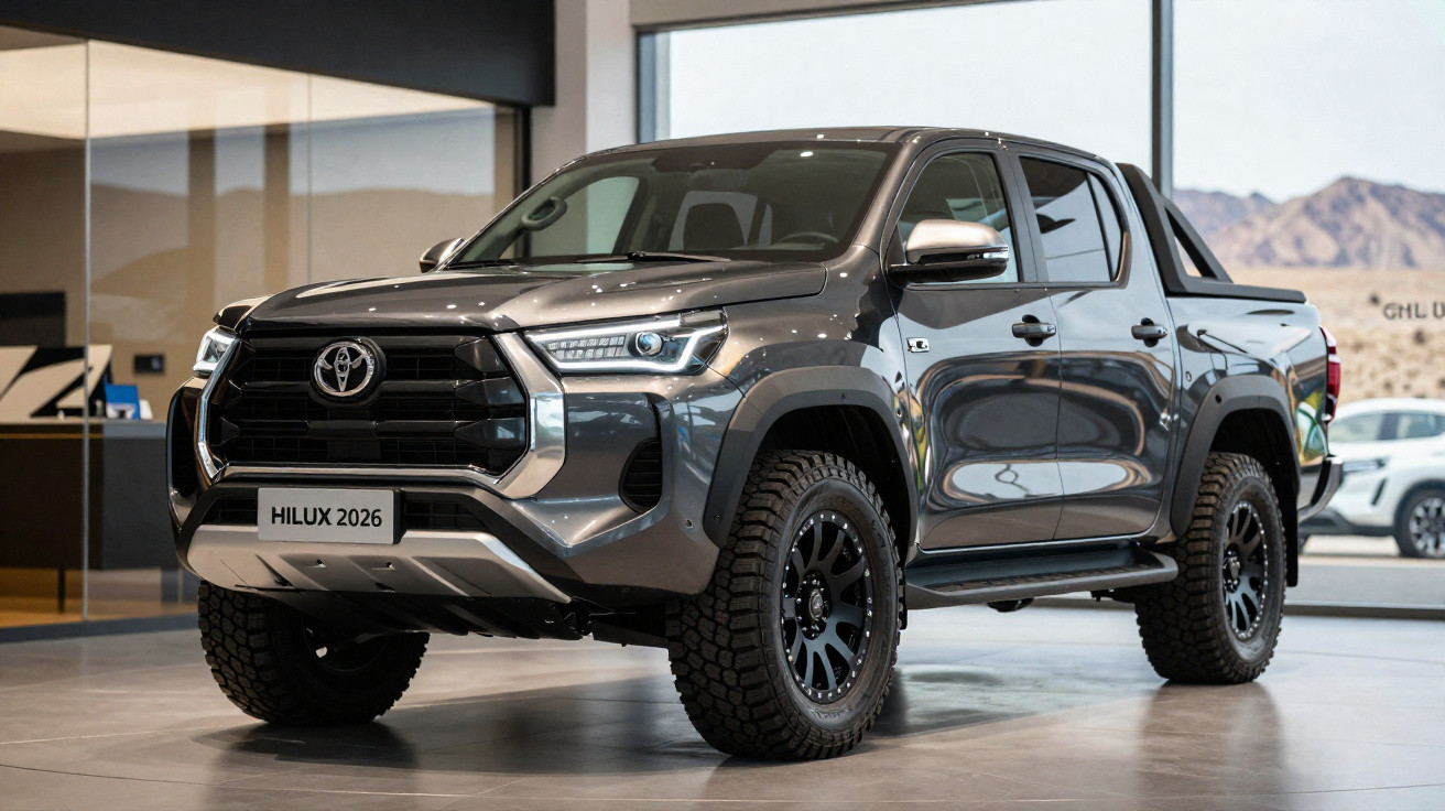 Picape Toyota Hilux 2026 cinza metálica exposta em showroom moderno com grandes janelas.