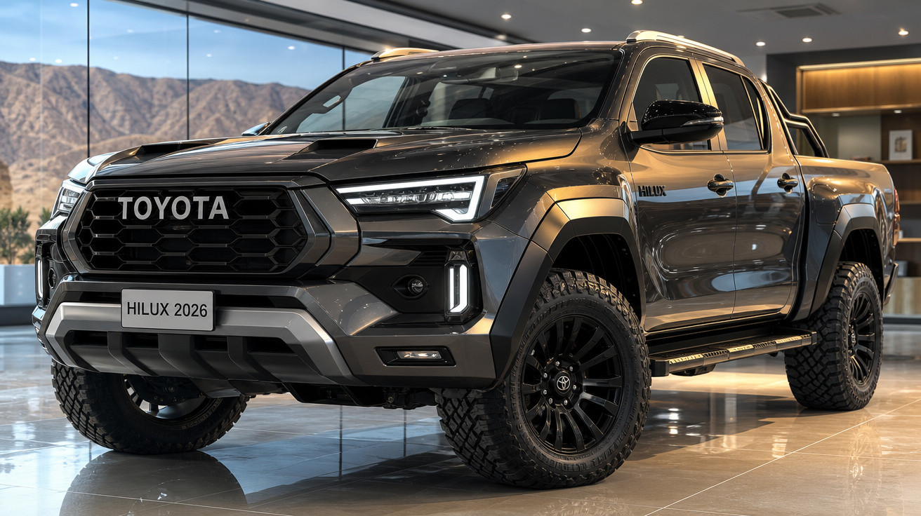 Picape Toyota Hilux 2026 cinza escuro em showroom moderno com pneus off-road robustos.