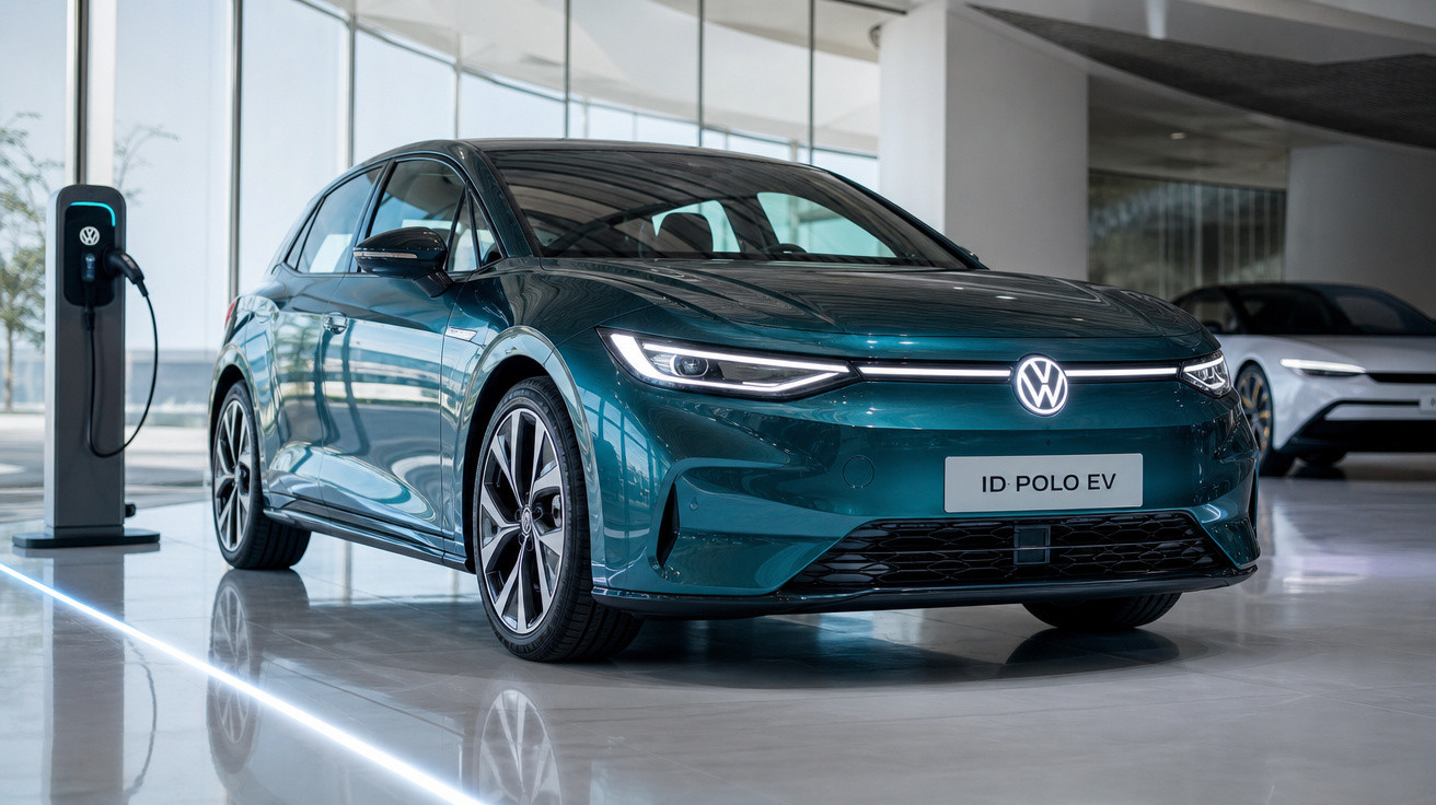 Carro elétrico Volkswagen ID Polo EV verde escuro em showroom com estação de recarga ao lado.