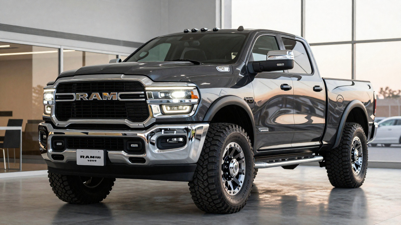 Picape RAM 1500 Big Horn cinza estacionada em ambiente interno com grandes janelas ao fundo.