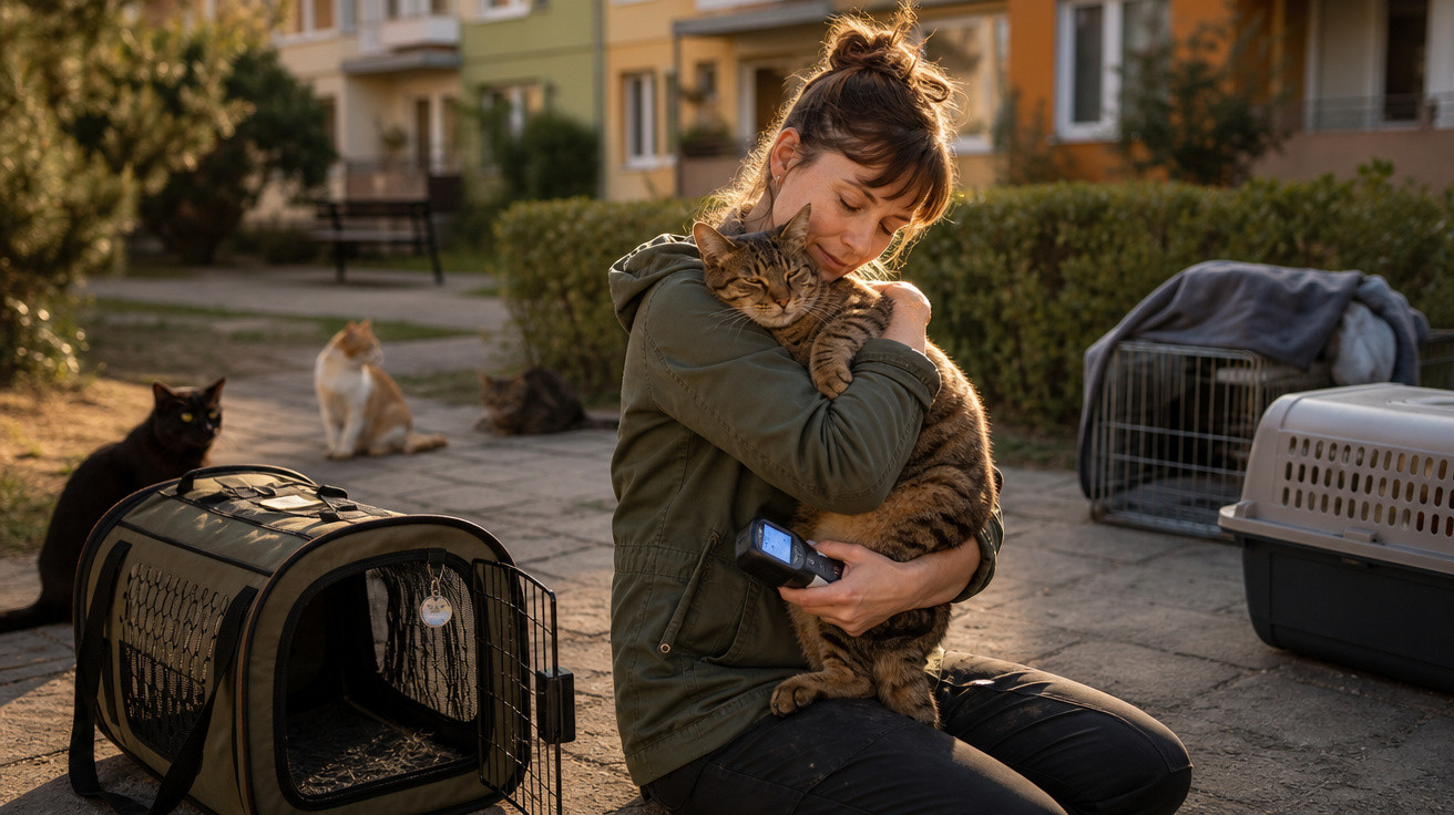 Mulher abraça gato ao ar livre com várias gaiolas e outros gatos ao fundo em área residencial.