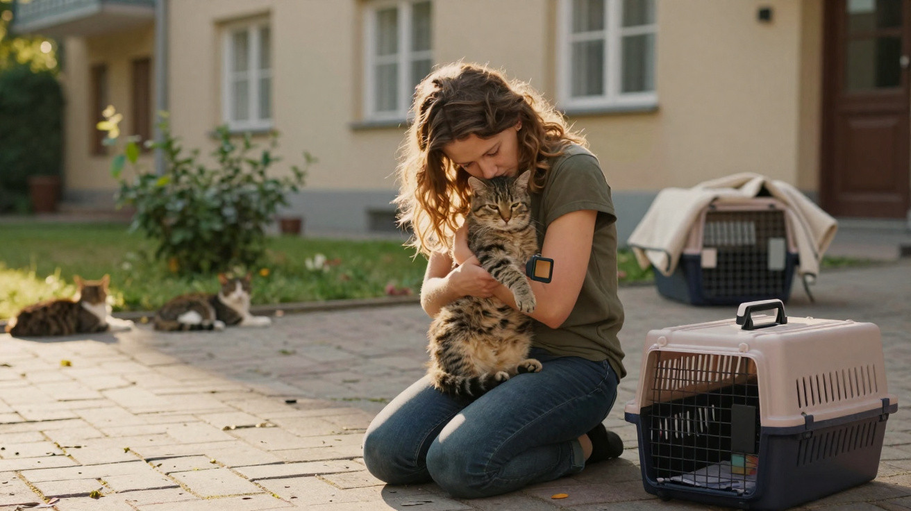 Mulher ajoelhada abraçando gato em área externa com caixas de transporte de animais ao lado.
