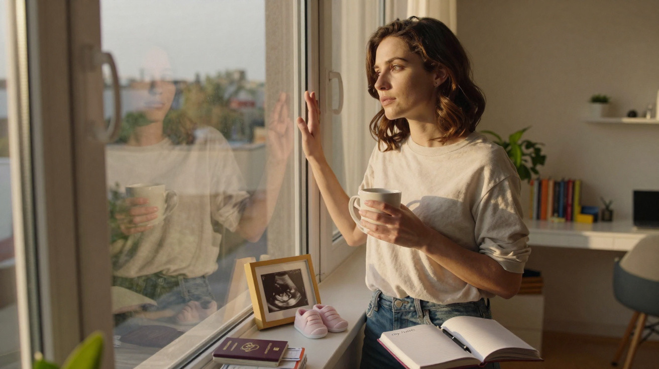 Mulher pensativa com caneca na mão olhando pela janela em ambiente interno iluminado.