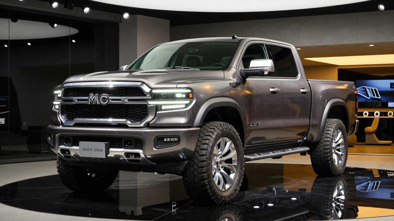 Picape cinza MACK 2023 com design robusto exibida em salão moderno com piso refletivo.