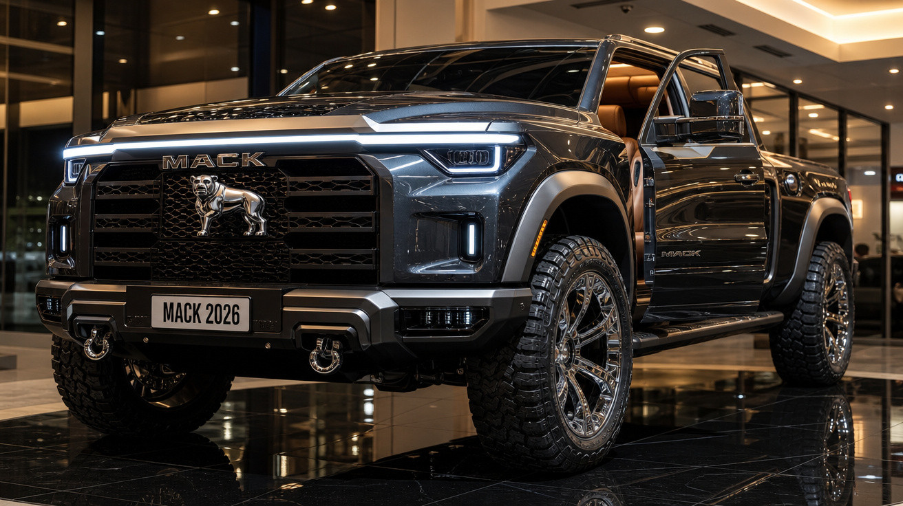 Picape preta Mack 2026 exibida em showroom com iluminação interna e porta dianteira aberta.