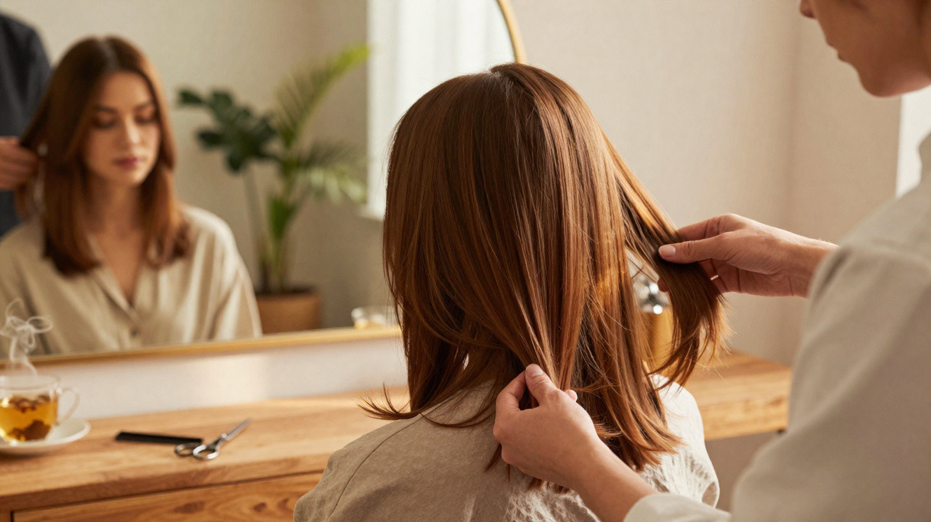Pessoa sentada em salão de beleza tendo o cabelo avaliado por um profissional.