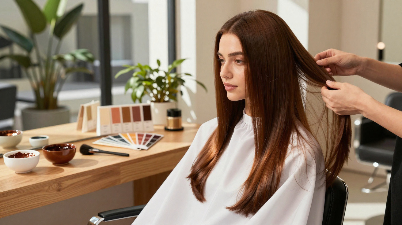 Mulher com cabelo longo e liso recebendo cuidado capilar em salão de beleza moderno e iluminado.