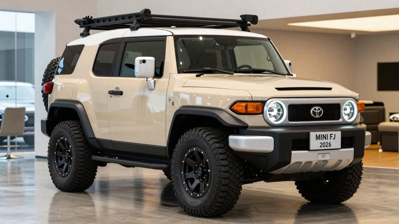 SUV branco Toyota Mini FJ 2026 exibido em ambiente interno, com faróis acesos e pneus robustos.