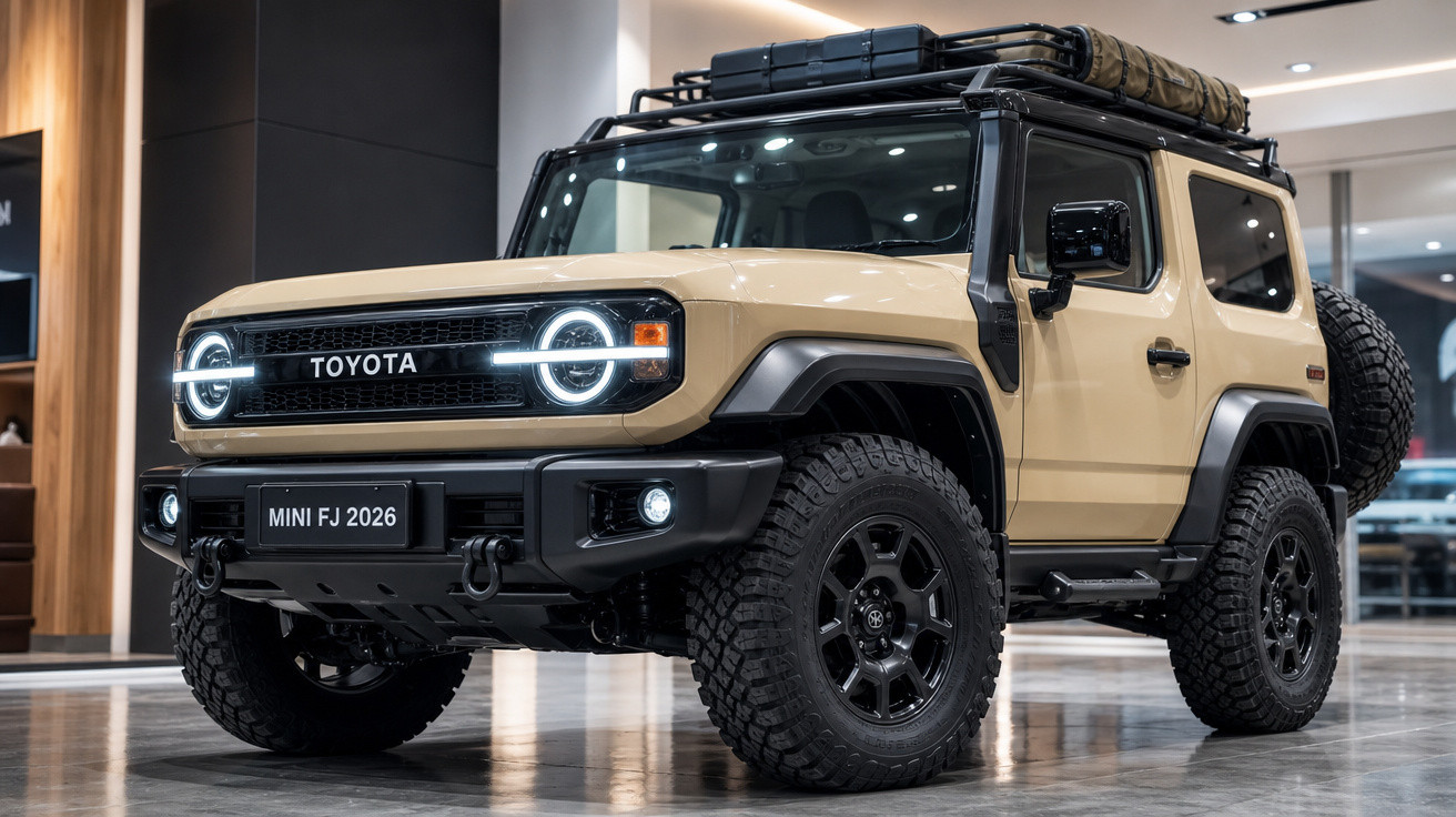 Carro off-road Toyota Mini FJ 2026 bege com pneus grandes e bagageiro no teto em showroom.