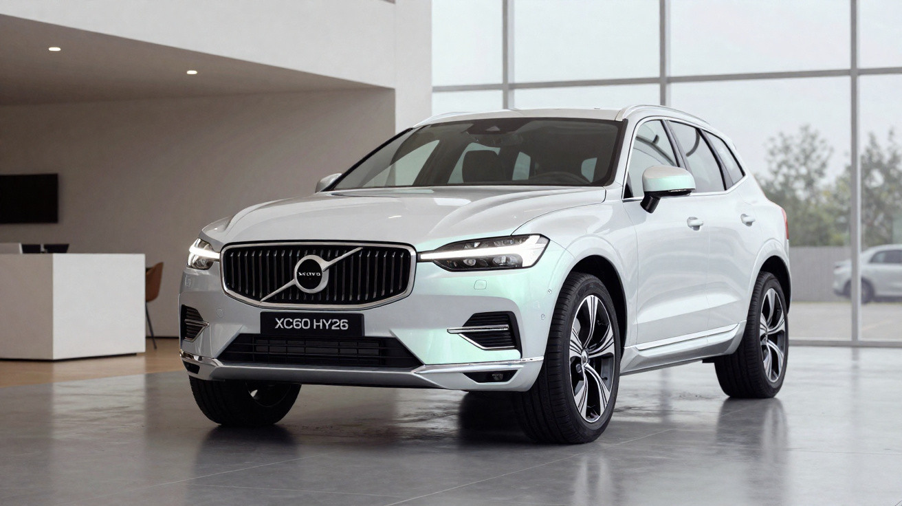 SUV Volvo XC60 branco estacionado em showroom moderno com janelas grandes ao fundo.