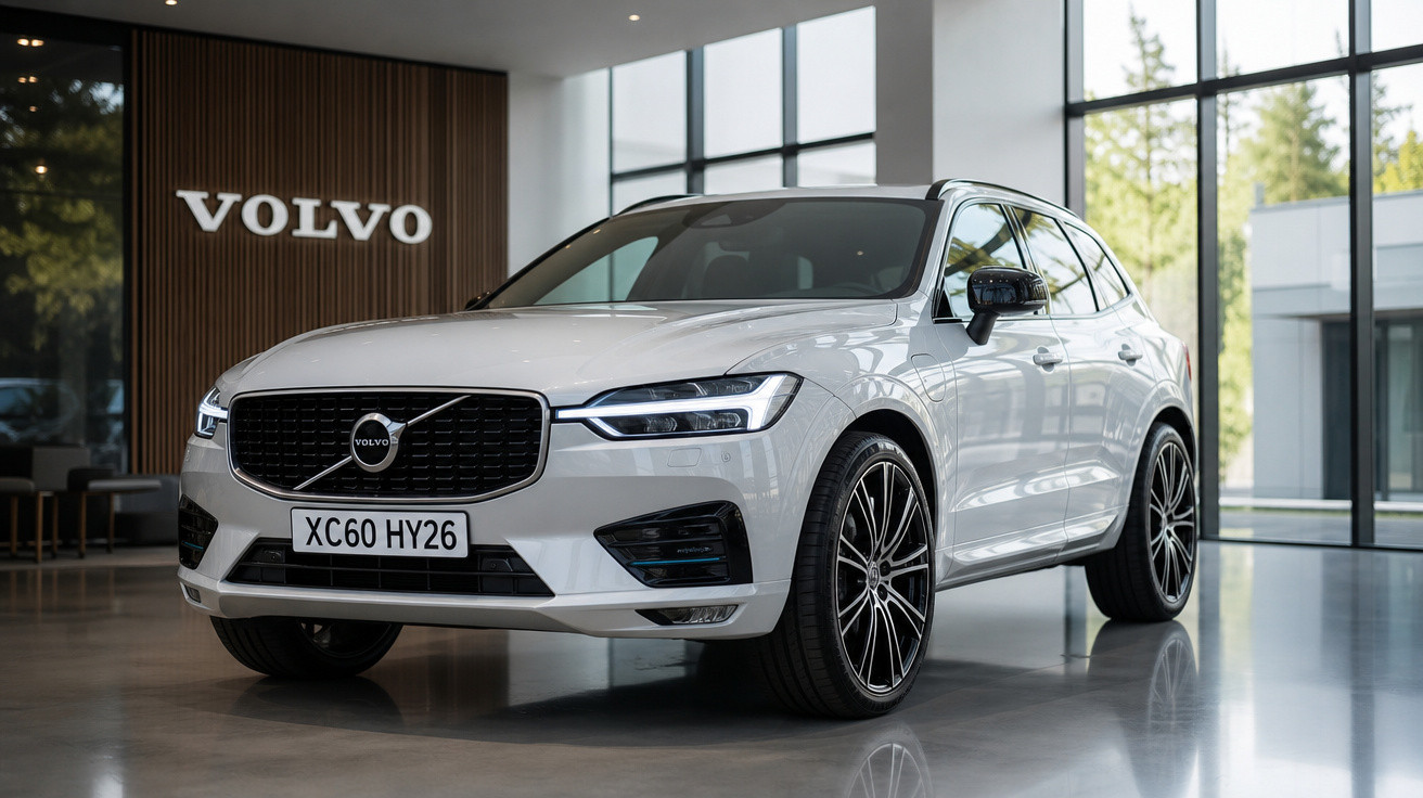 Carro branco Volvo XC60 em showroom com painéis de vidro e parede de madeira ao fundo.