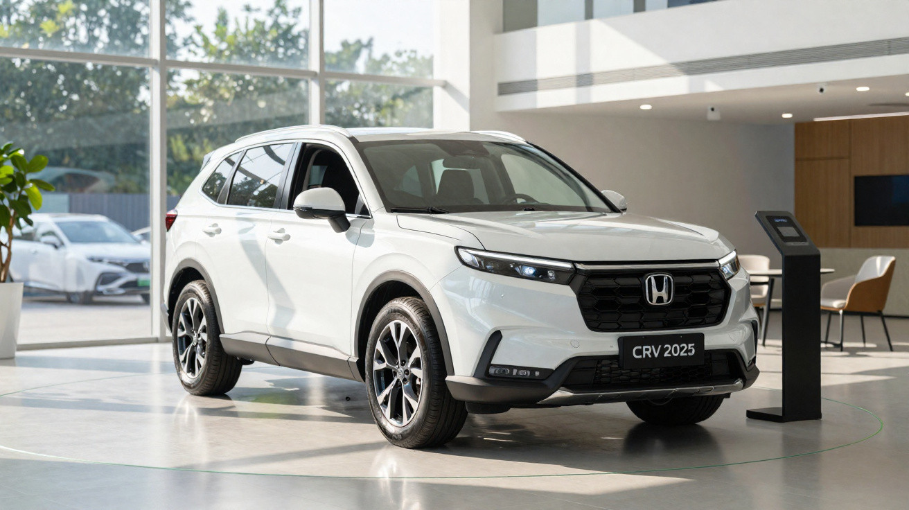 SUV branco Honda CRV 2025 exibido em ambiente interno moderno e iluminado.