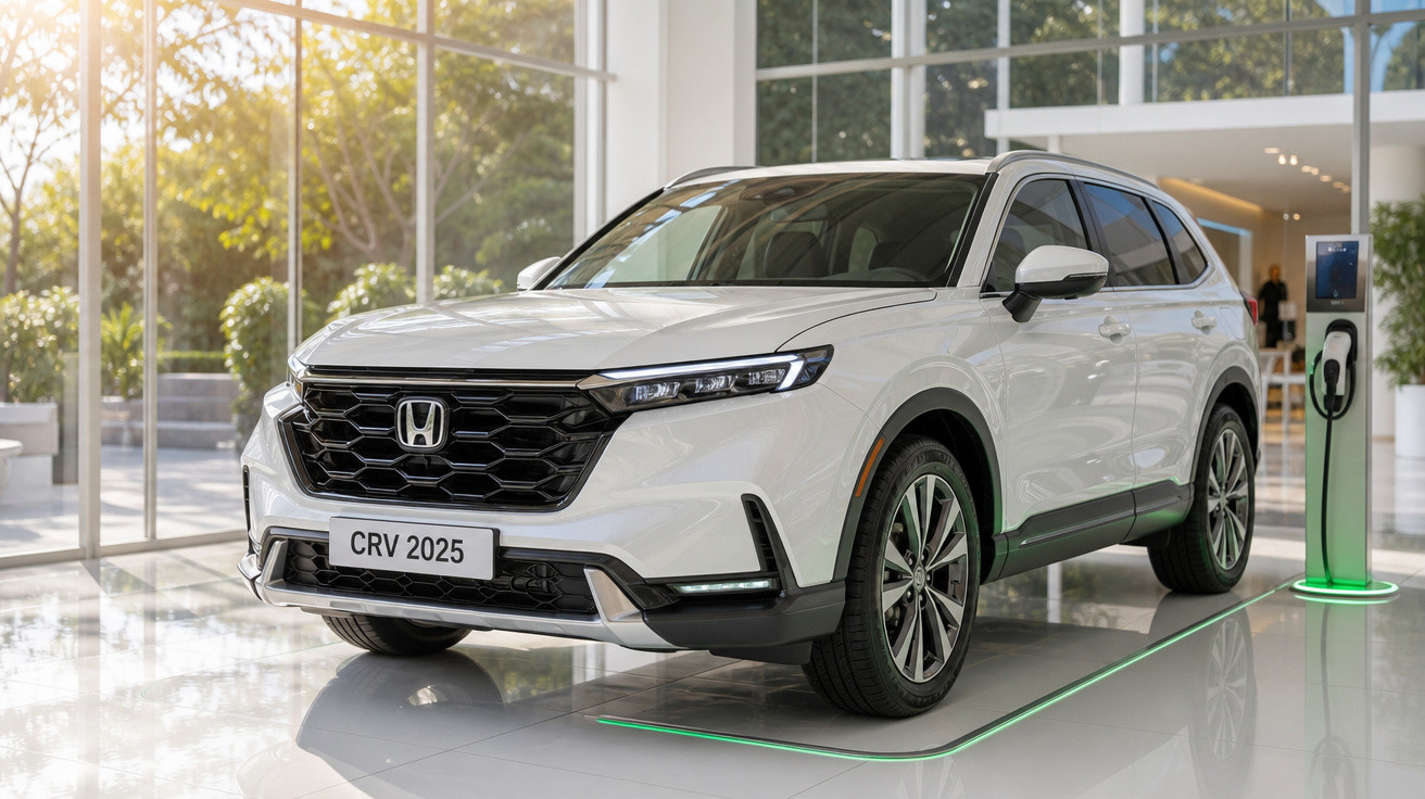 Carro SUV branco Honda CRV 2025 estacionado em showroom moderno com carregador elétrico ao lado.
