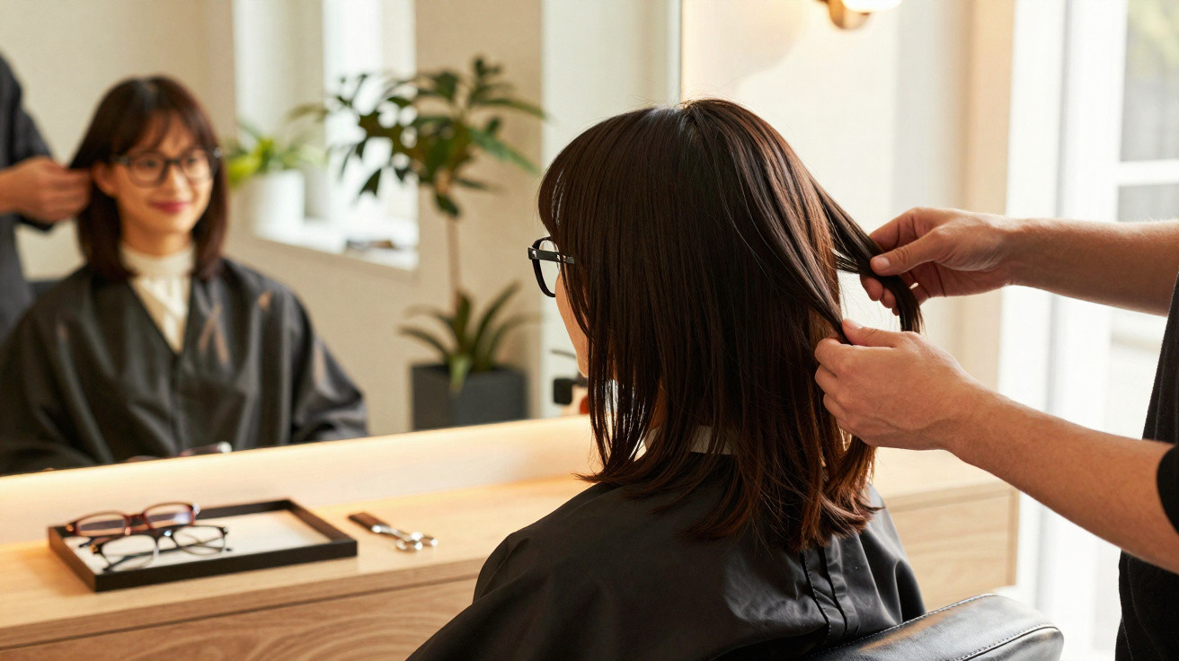 Mulher com cabelo castanho médio sendo atendida por cabeleireiro em salão, refletida no espelho.
