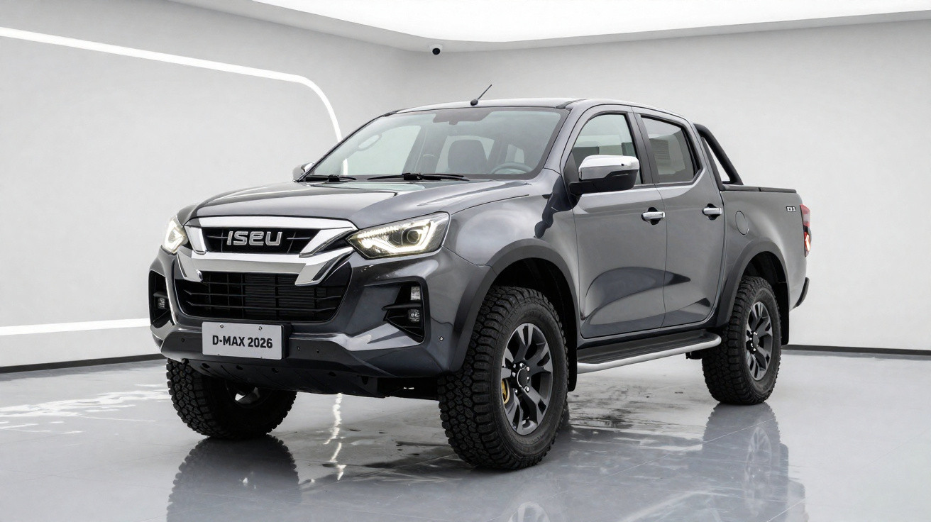 Picape cinza escura ISU D-Max 2026 estacionada em estúdio com piso refletivo branco.