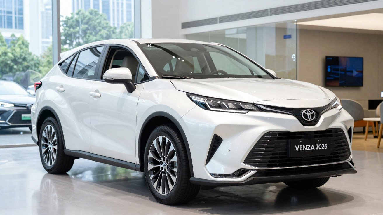 Carro SUV branco Toyota Venza 2026 exibido em showroom moderno com grandes janelas.