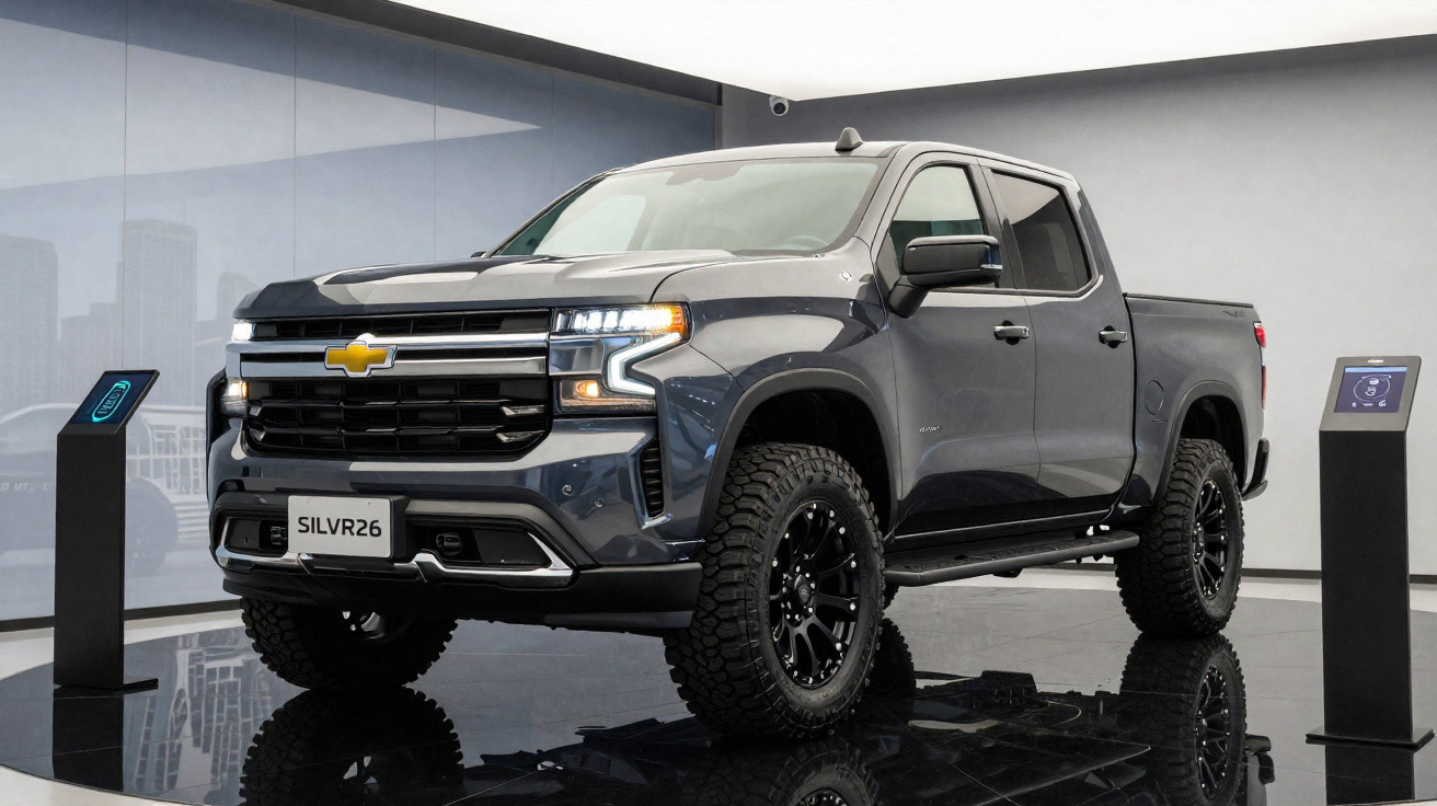 Picape Chevrolet Silverado cinza escuro exibida em pedestal refletivo com painéis informativos ao lado.