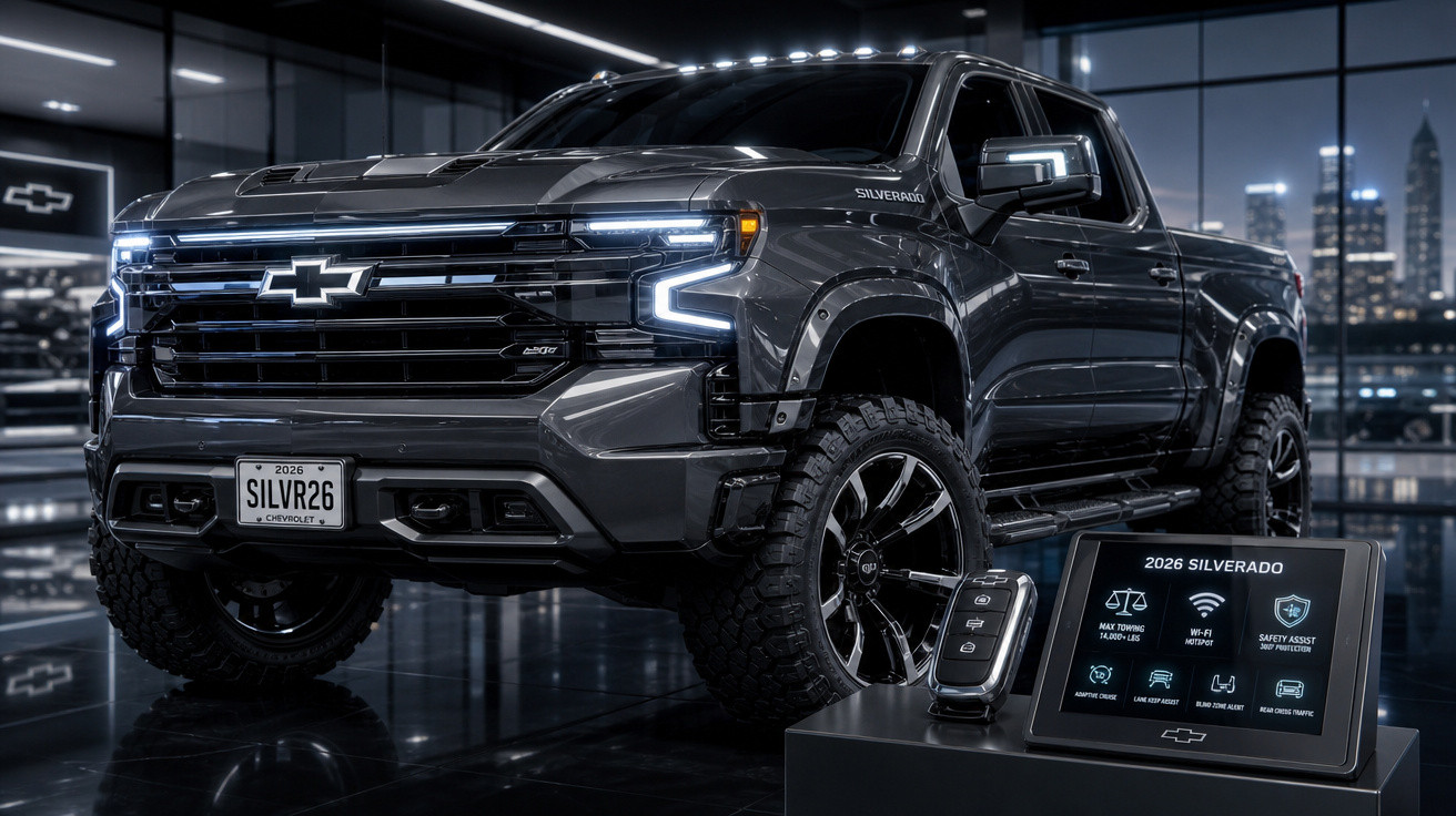 Picape preto Chevrolet Silverado 2026 exibida em showroom moderno com display digital e chave.