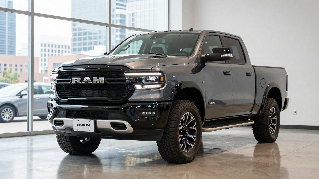 Pick-up RAM cinza estacionada em showroom com piso de concreto e janelas de vidro ao fundo.