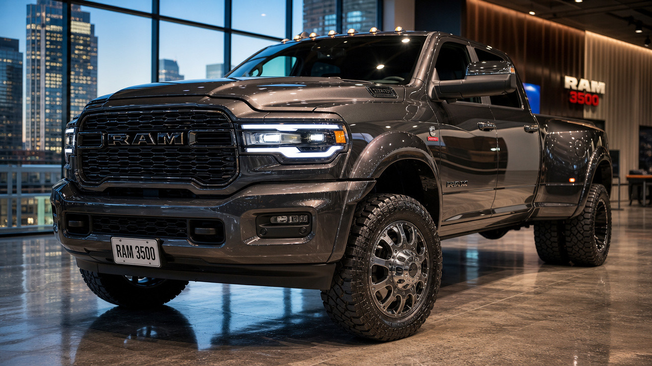 Picape RAM 3500 cinza escuro estacionada em showroom com iluminação e prédios ao fundo.