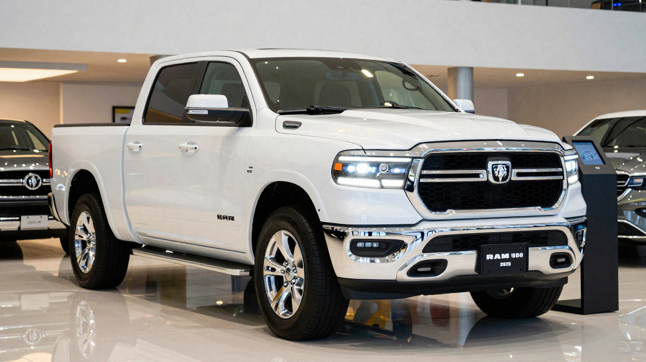 Picape branca Ram 1500 2023 em showroom iluminado e piso brilhante.