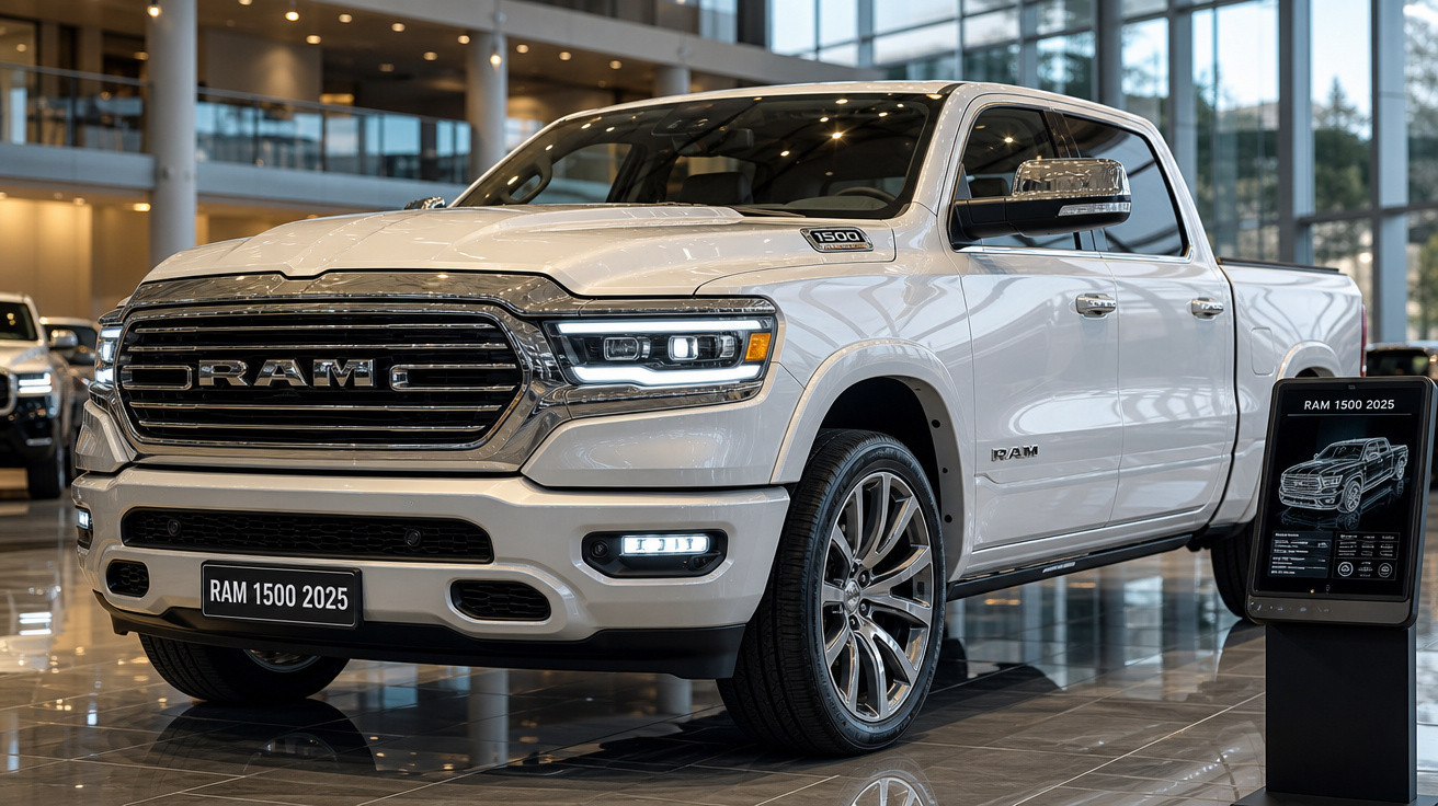 Picape RAM 1500 2025 branca exibida em showroom moderno com grandes janelas e piso reflexivo.