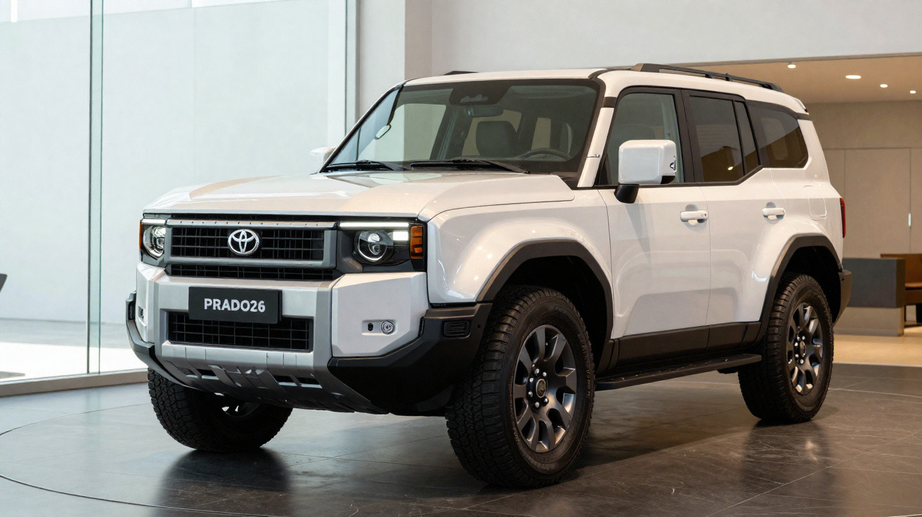 Toyota Prado26 branco estacionado em showroom moderno com piso escuro e paredes claras.