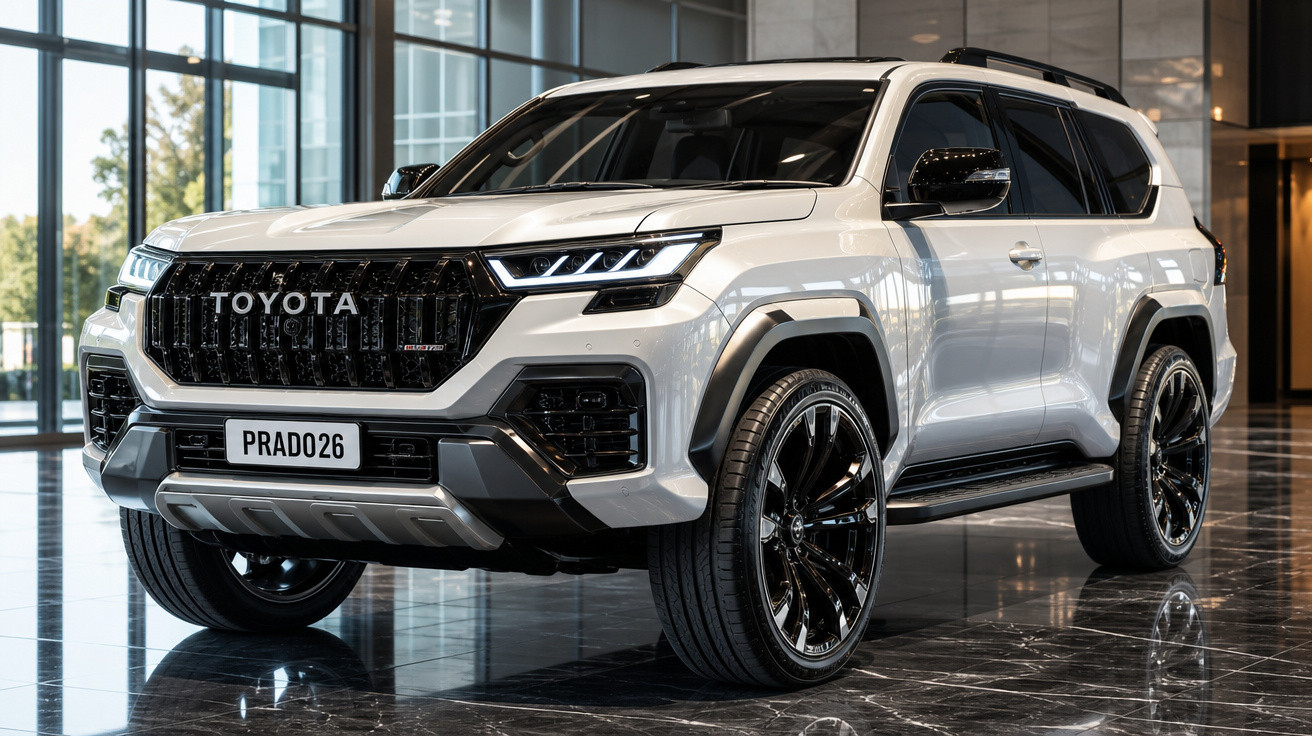 SUV Toyota Prado branco exibido em showroom com rodas pretas brilhantes e pintura refletiva.