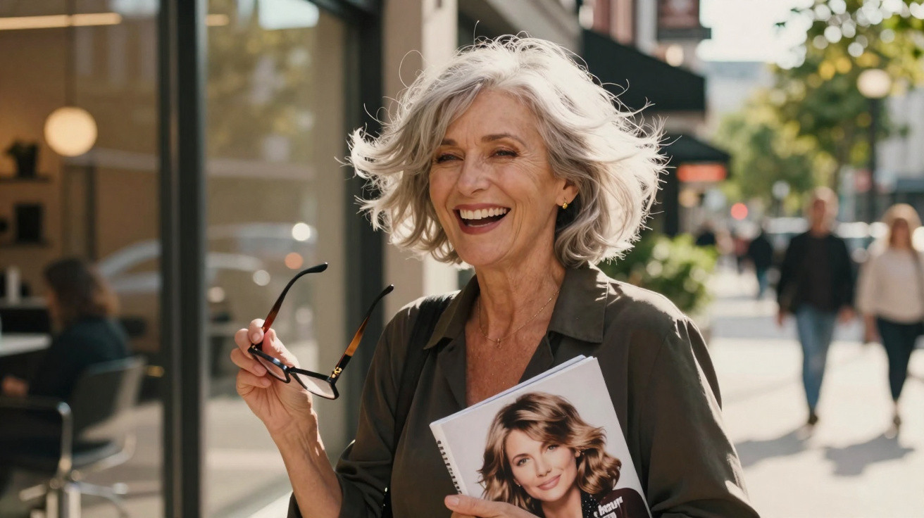 Mulher sorridente com cabelo grisalho segurando óculos e uma revista em rua movimentada.