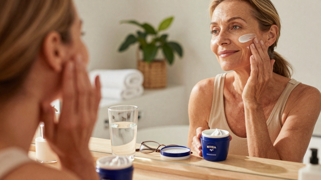 Mulher madura aplicando creme facial Nivea diante do espelho em ambiente iluminado e acolhedor.