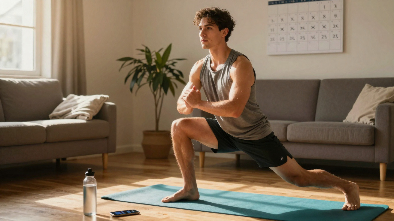 Jovem faz alongamento em tapete de yoga na sala iluminada, com garrafa de água e celular ao lado.