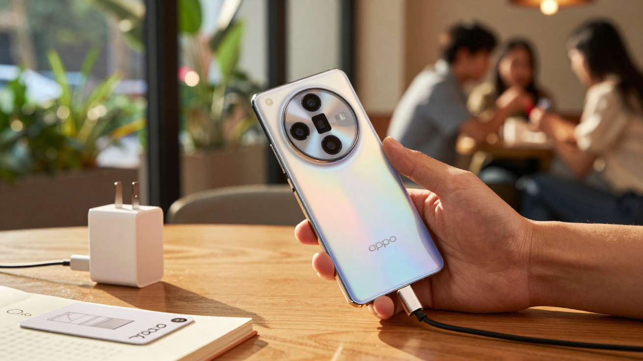 Pessoa segurando smartphone Oppo prateado com carregador conectado em mesa de madeira em café.
