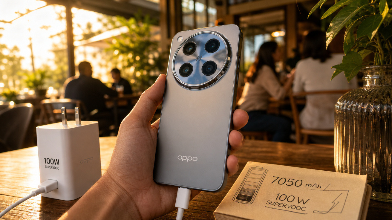 Pessoa segurando smartphone Oppo cinza conectado a carregador rápido de 100W em mesa de café.
