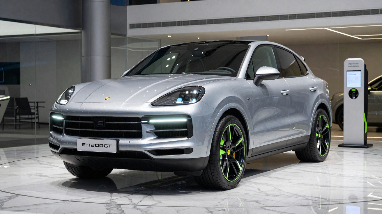 Carro elétrico esportivo prata Porsche E-1200GT em exibição dentro de showroom moderno.
