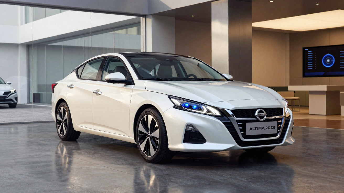 Carro sedan branco Nissan Altima 2026 em showroom moderno com faróis azuis acesos.