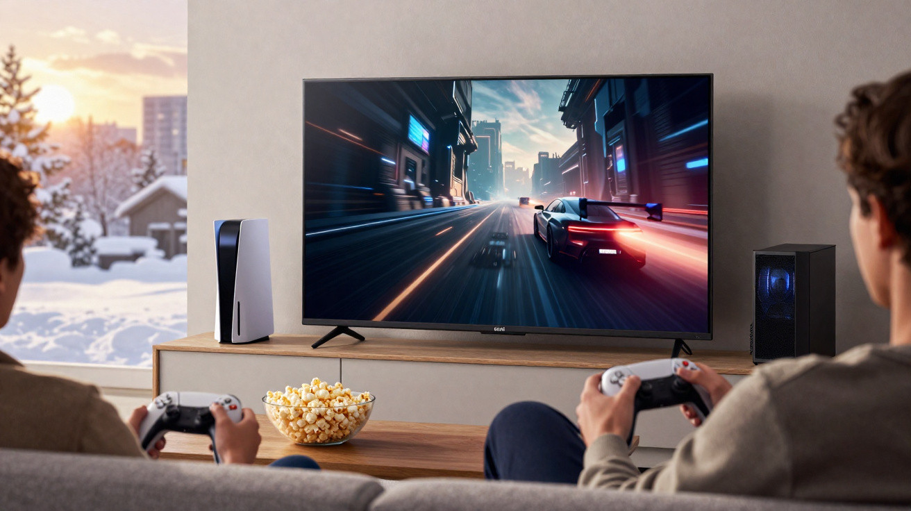 Duas pessoas jogando videogame com controles, TV grande mostrando corrida de carros em sala aconchegante.